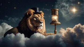 A lion in a top hat sits on clouds, holding a lantern against a starry night backdrop. photo