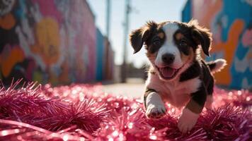A playful puppy runs joyfully on colorful tinsel in an urban setting. photo