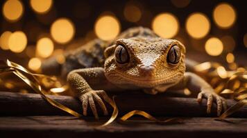 A close-up of a gecko on a wooden surface with golden bokeh and decorative ribbons. photo