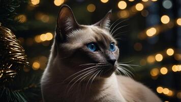 A close-up of a Siamese cat with striking blue eyes, set against a backdrop of festive lights. photo