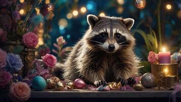 A raccoon surrounded by colorful flowers and decorative items, creating a whimsical scene. photo