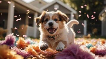 A joyful puppy running through colorful flowers, capturing a playful moment in nature. photo