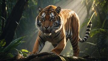 A majestic tiger prowls through a lush jungle, illuminated by rays of sunlight. photo