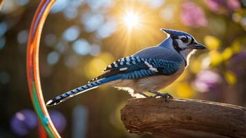 A blue jay perched on a branch with a sunburst in the background, showcasing nature's beauty. photo