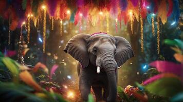 A vibrant elephant surrounded by colorful feathers and lights in a lush forest setting. photo