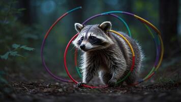 A raccoon plays with colorful hoops in a forest setting. photo
