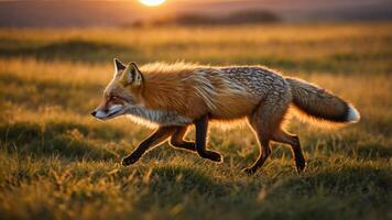A fox walking gracefully through a sunlit field during sunset. photo