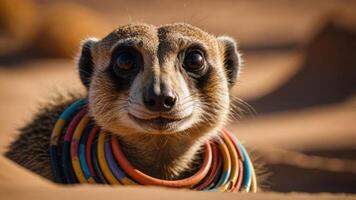 A close-up of a smiling meerkat adorned with colorful rings in a sandy environment. photo