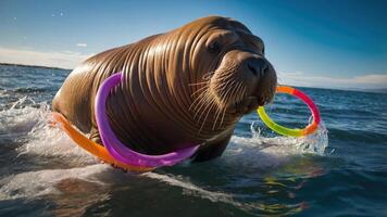 A walrus playing in the water with colorful rings. photo