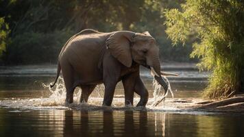 An elephant wades through a river, splashing water in a serene natural setting. photo
