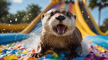 An otter joyfully splashes on a colorful slide, surrounded by festive decorations. photo