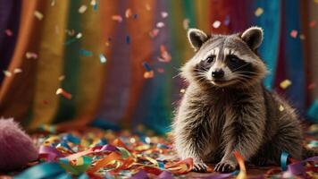 A raccoon surrounded by colorful confetti on a vibrant backdrop, creating a festive atmosphere. photo
