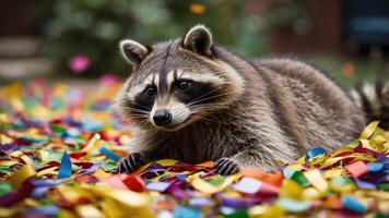 A raccoon lying on colorful confetti, creating a playful and festive atmosphere. photo