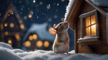 A small mouse gazes at a warmly lit house amidst a snowy landscape at night. photo