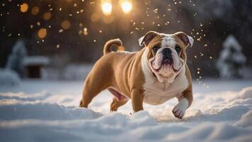 A playful bulldog running through snow with sunlight in the background. photo