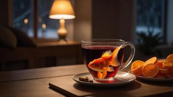 A goldfish swims in a cup of tea beside a plate of oranges in a cozy, dimly lit setting. photo