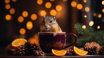 A cute squirrel peeks out of a mug surrounded by pine cones and orange slices, with festive lights. photo