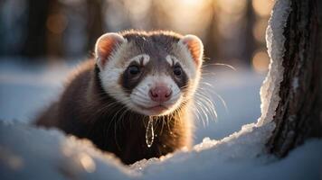 A close-up of a ferret in a snowy environment with sunlight filtering through trees. photo
