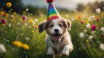 A playful puppy wearing a party hat, running joyfully through a colorful flower field. photo