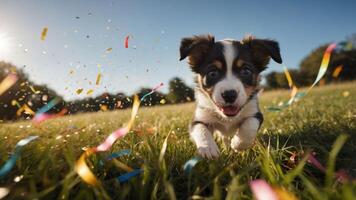 A playful puppy running through a field, surrounded by colorful confetti. photo