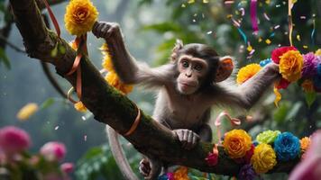 A playful monkey decorates a tree with colorful flowers and ribbons amidst a festive atmosphere. photo