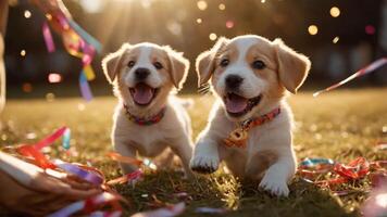Two playful puppies running in a festive outdoor setting, surrounded by colorful confetti. photo