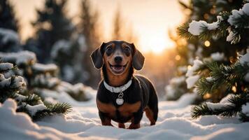 A cheerful dachshund standing in snow with trees at sunset. photo