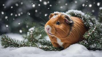A guinea pig nestled in snow-covered pine branches during a serene winter scene. photo