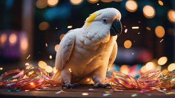 A white cockatoo surrounded by colorful decorations and lights, creating a festive atmosphere. photo