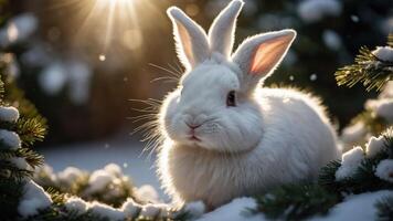 A serene white rabbit sitting in a snowy landscape with sunlight filtering through trees. photo