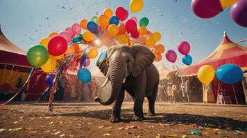 An elephant surrounded by colorful balloons and confetti at a festive circus setting. photo
