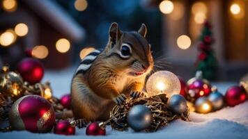 A chipmunk surrounded by festive decorations in a snowy setting. photo