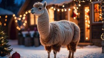 A cozy winter scene featuring a fluffy llama amidst festive decorations and snow. photo