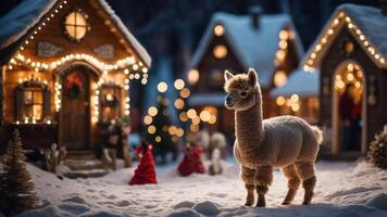A charming alpaca stands in a snowy village scene adorned with festive lights and decorations. photo