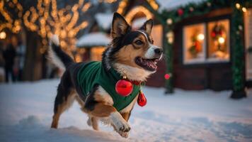 A joyful dog in a festive setting, wearing a holiday outfit with decorations in the snow. photo