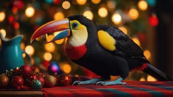 A colorful toucan perched on a table with festive decorations and a blurred background. photo