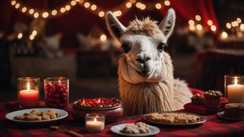 A festive scene featuring a llama at a table with holiday treats and candles. photo