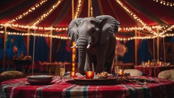 An elephant stands on a table in a festive tent, surrounded by food and decorations. photo