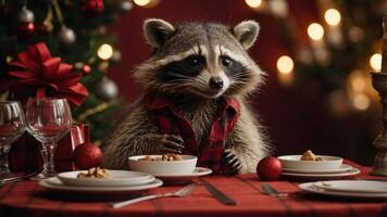 A raccoon in a plaid shirt sits at a festive table, ready for a holiday meal. photo
