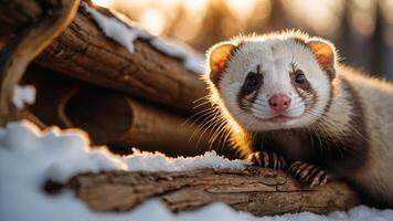 A close-up of a ferret on snow-covered logs, capturing its curious expression in a natural setting. photo
