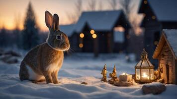 A serene winter scene featuring a rabbit beside a lantern and small figures in the snow. photo