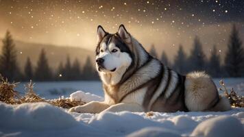 A majestic dog resting in a snowy landscape with a serene, atmospheric backdrop. photo