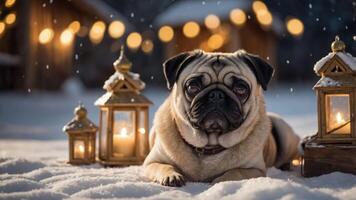 A pug resting in the snow near lanterns, creating a cozy winter atmosphere. photo