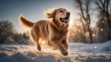 A golden retriever joyfully running through snow, capturing a moment of playfulness and freedom. photo