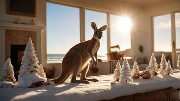 A kangaroo stands on a table with snowy decorations and a beach view at sunset. photo