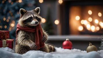 A raccoon in a festive setting, wearing a scarf, surrounded by holiday decorations. photo