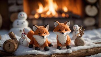 Two fox figurines in a snowy setting with snowmen and a cozy fireplace. photo
