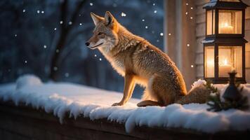 A coyote sits on a snowy ledge beside a lantern, creating a serene winter scene. photo