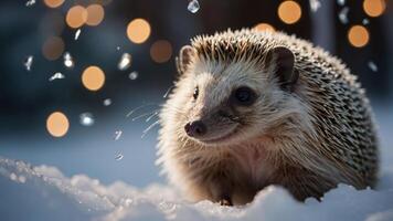 A close-up of a hedgehog in the snow with sparkling droplets and soft bokeh lights. photo