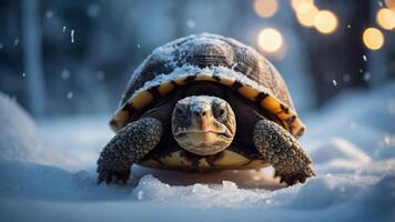A tortoise moving through a snowy landscape with soft lights in the background. photo